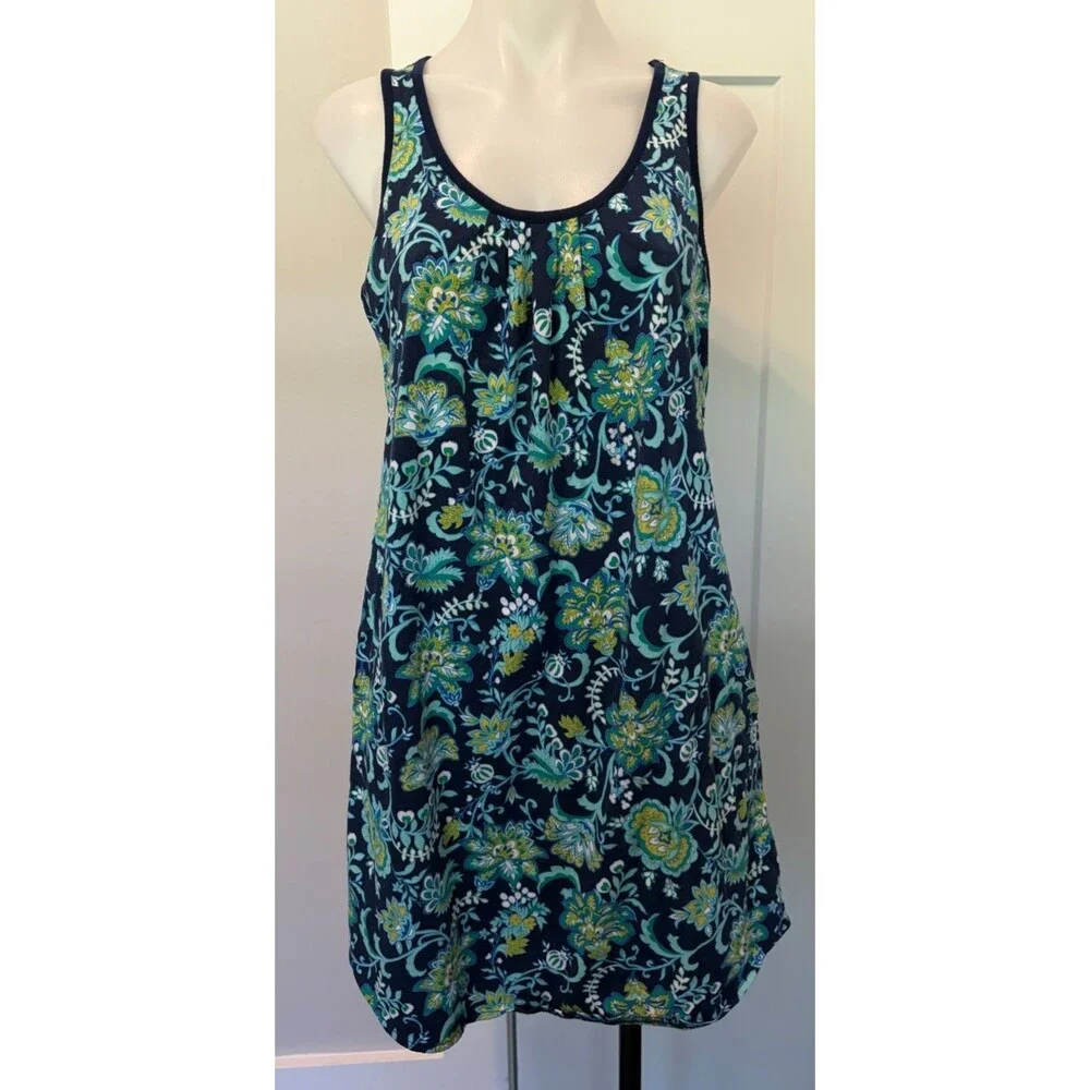 LANDS END Knit Womens GOWN Sleeveless BLUE Green FLORAL Size M 10-12